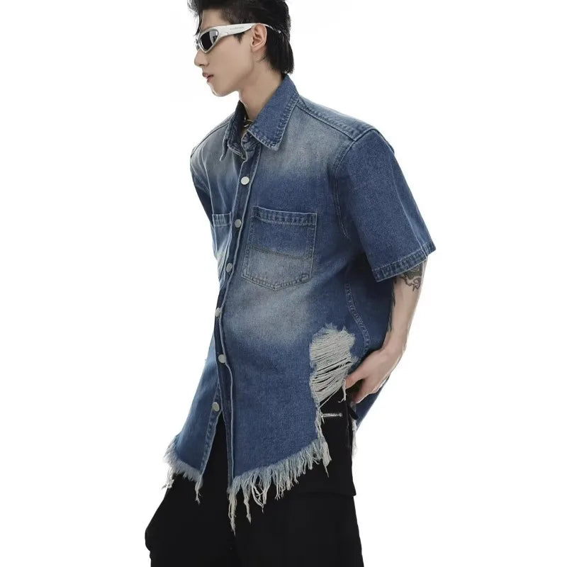 HEARUJOY  -  Y2K Cowboy Shirt Mens Summer Thin Shoulder Pads Retro Washed Short Sleeved Denim Jacket Hip Hop Burr Edge Design Loose Tops