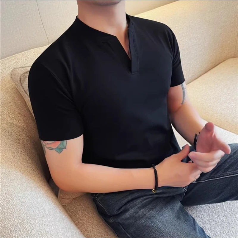 HEARUJOY  -  Men's 92% Cotton Henley Collar V-Neck Short Sleeve Tee  Summer Solid Color Slim Fit Casual T-Shirt in 7 Classic Versatile Colors