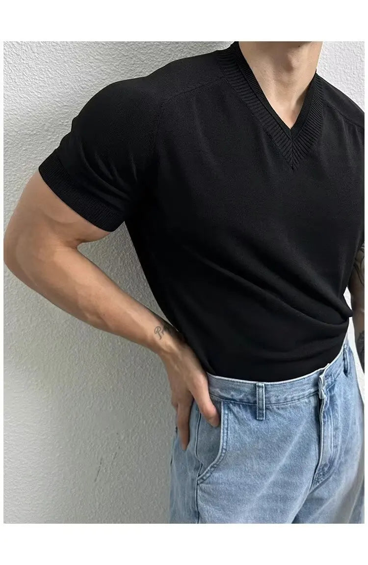 HEARUJOY  -  Men's Clothing Light Luxury Knit V Neck Short-sleeved T Shirt Solid Color Leisure Korean Popular Streetwear Retro Knitwear M-3XL