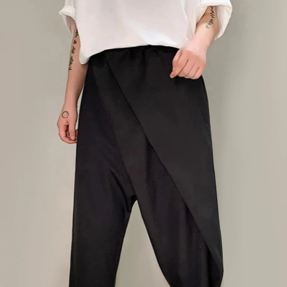 Hearujoy Men Double-Layer Irregular Pleated Wide-Leg Pants 2024 New Genderless Dark Style Retro Loose Solid Color Nine-Point Pants Unisex