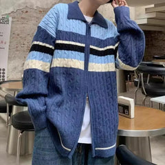 Hearujoy Men's Jacquard Patchwork Knit Zipper Cardigan Sweater Korean Popular Retro Long Sleeve Streetwear Stylish Leisure Knitwear S-2XL