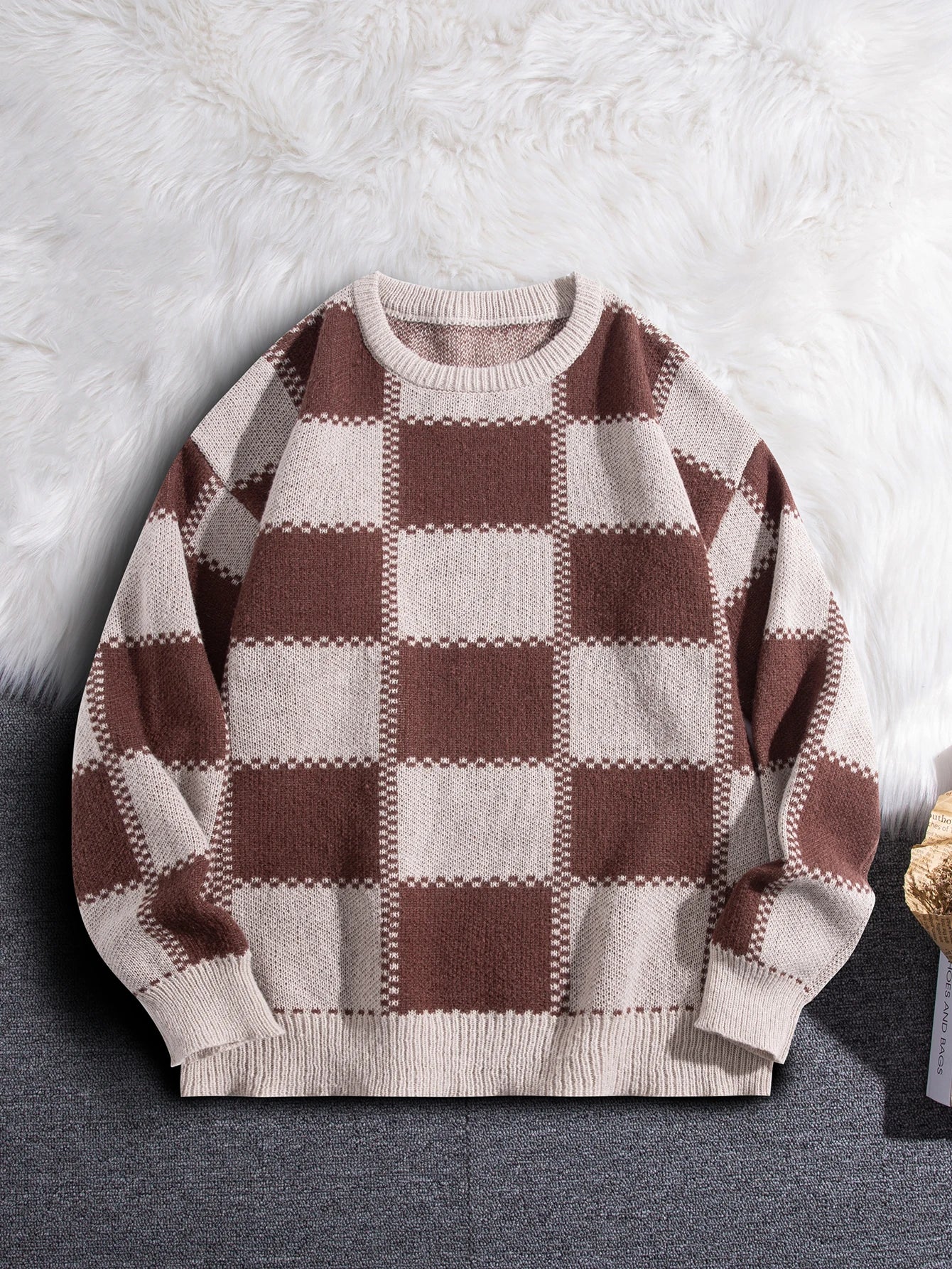 HEARUJOY  -  New Popular Autumn Winter Plaid Jacquard Pattern Pullover Sweater Casual Round Neck Contrast Color Knitted Men's Pullover