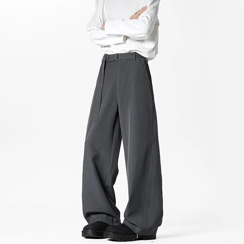 HEARUJOY  -  Grey Belt Suit Pants Men Fashion Society Mens Black Dress Pants Korean Loose Wide Leg Pants Mens Office Formal Trousers M-3XL