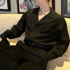 Hearujoy Men French Solid Color Business Two-Piece Set Autumn Genderless Youth Trend Elegant Long-Sleeve Shirt Straight Pants Suit Unisex