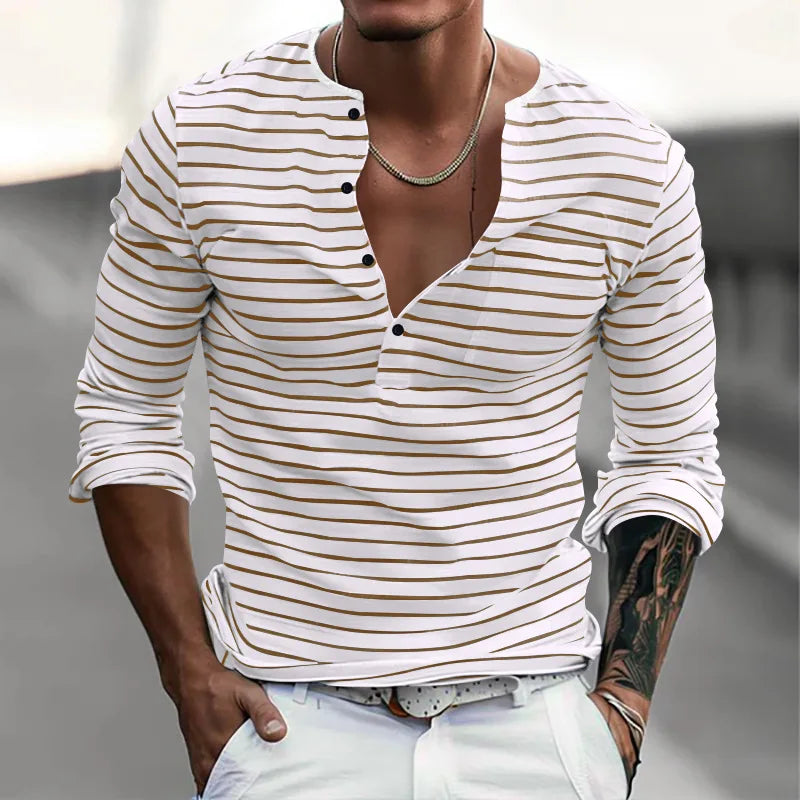 HEARUJOY  -  Men's Spring and Autumn Long Sleeve V-neck Button-down T-shirt Slim-fit Henley Shirt Horizontal Striped Top
