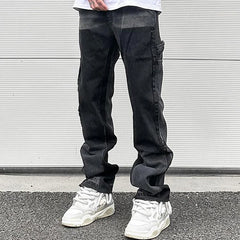 Hearujoy High Street Patchwork Ripped Black Jeans Pants for Men Straight Retro Casual Sashes Pockets Denim Trousers Oversized Loose Jean