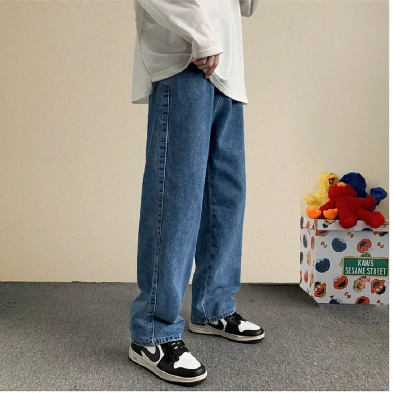 Hearujoy Autumn Winter Streetwear Baggy Jeans Men Korean Fashion Loose Straight Wide Leg Pants Male Brand Clothing Black Light Blue