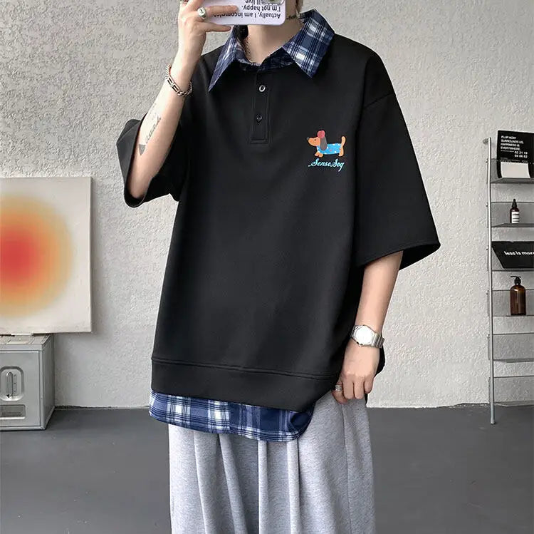 HEARUJOY  -  Dog Embroidery Plaid Polo Short Sleeve T-Shirt 2025 Summer Retro Couple T-shirts Splicing Fake Two Pieces Simple Tops