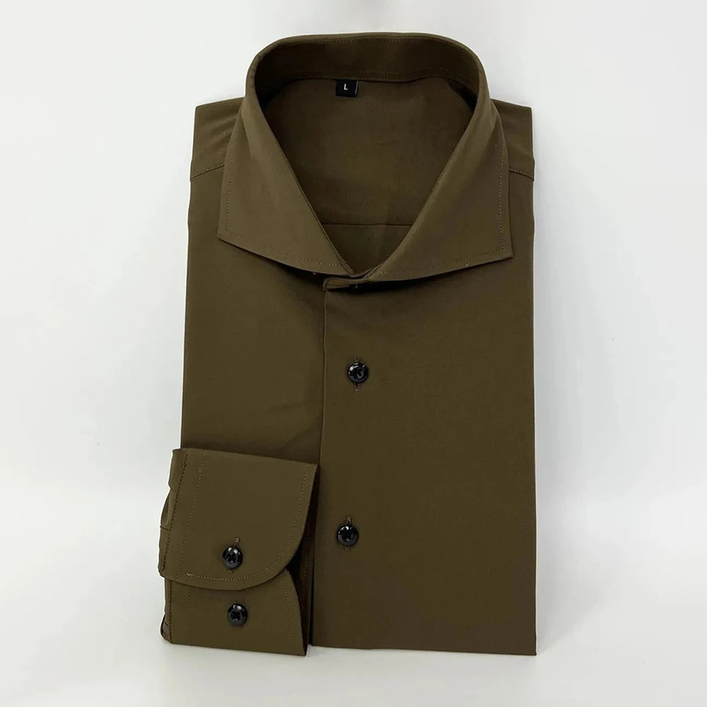 HEARUJOY  -  Summer New Mens Fashion Business Gentleman Slim Fit Solid Color Long Sleeve Shirt Non-Iron Elegant Trendy Casual Shirt Men