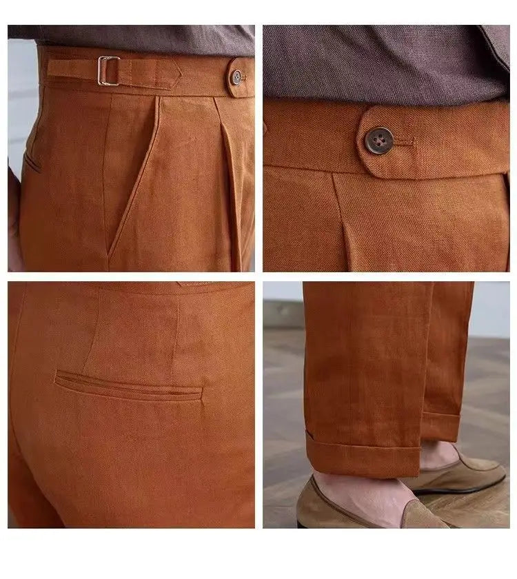 HEARUJOY  -  100% Linen Italian Naples Pants Men High Waist Straight  Suit Trousers Spring Summer Fashion Lightweight Breathable Casual Pants