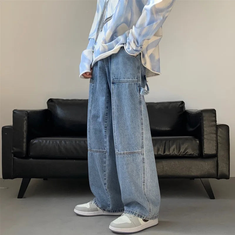 Hearujoy Blue White Black Baggy Jeans Men Fashion Casual Wide Leg Jeans Men Streetwear Loose Hip Hop Straight Denim Pants Mens Trousers