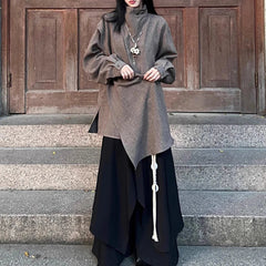HEARUJOY  -  Y2k Layered Buttoned Culottes Dark Gothic Style Hakama Genderless Japanese Streetwear Casual Wild Wide-Leg Samurai Pants Unisex