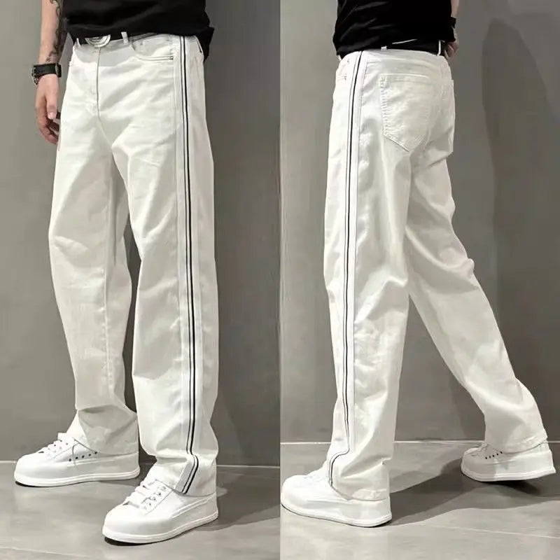HEARUJOY  -  Autumn New Style Jeans Men's Trendy Loose Side Strip Webbing Straight Pants for Youth Versatile Washing Wide-leg