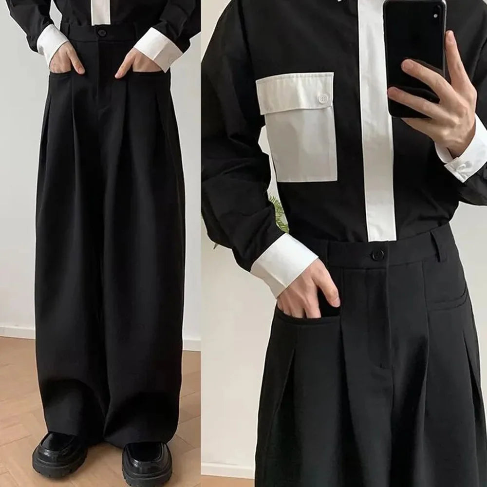 HEARUJOY  -  Mens Suit Trousers Pocket Casual Wide Leg Pants Summer Office Business All-Match Elegant British Straight Pants Men'S Clothing