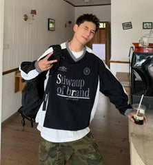 HEARUJOY  -  Spring American Trendy Mens T-shirt Spring Autumn Hip Hop Emblem Embroidery Long Sleeved Tops Color Block Loose Male Tees