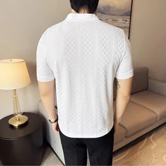 HEARUJOY  -  Men's Slim V-Neck Spring Summer Stretch Knit Top  Geometric Texture, Breathable Layering Base for Casual & Smart-Casual Outfits