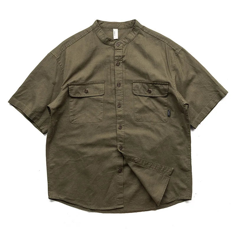 HEARUJOY  -  Japan Style Mens Linen Cotton Short Sleeve Shirt Harajuku Summer Stand Collar Solid Color Male Casual Breathable Classical Tops