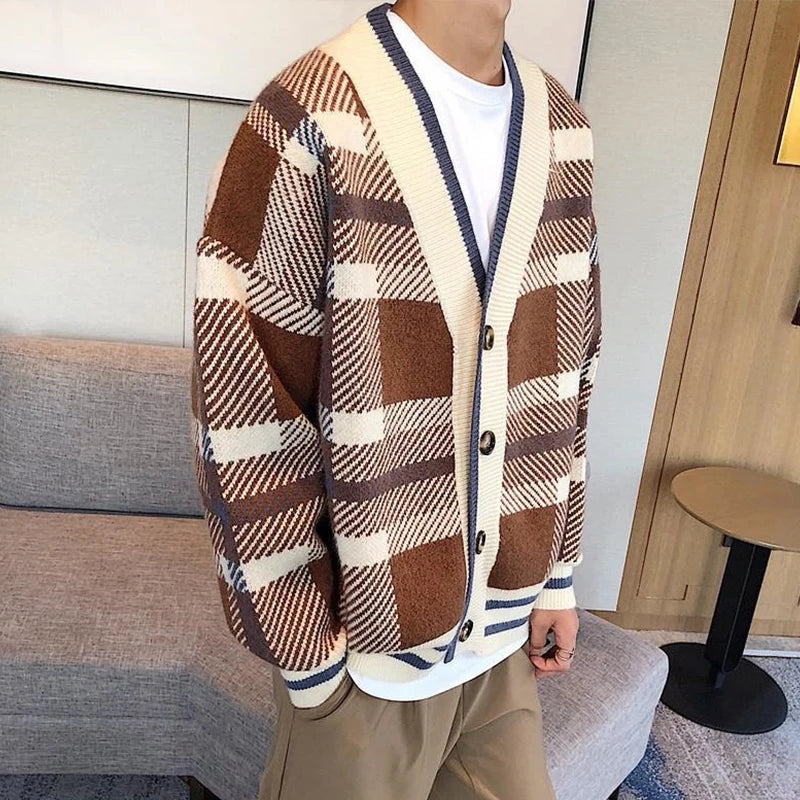 Hearujoy Autumn Men's Luxury Knitted Plaid Printed Buttons Cardigan Sweater Long Sleeve Streetwear Leisure Coat Fashion Check Knitwear