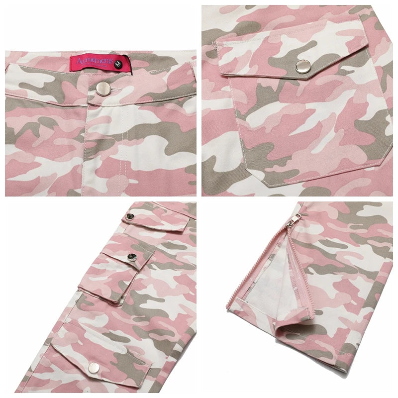 Hearujoy Fashion Streetwear Pink Camouflage Cargo Pants Hip Hop Multi-pocket Zip Up Trousers Flared Men Y2k Slim Fit Casual Pants Baggy