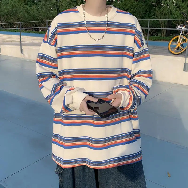 HEARUJOY  -  Handsome Trendy Rainbow Striped Long Sleeve T shirt Spring Autumn Casual Top New Men Hong Kong Style Ins Fashion