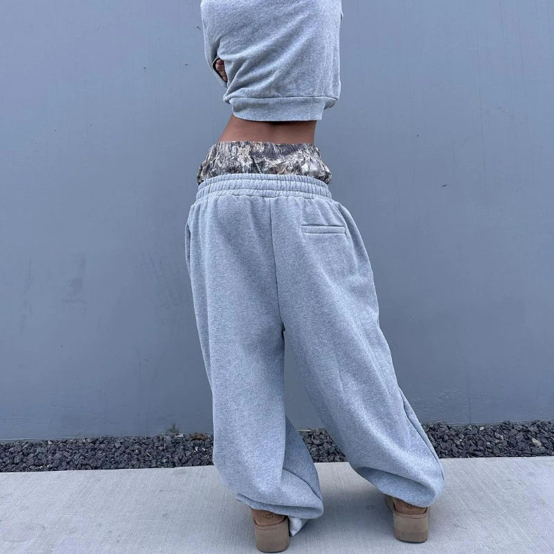 Hearujoy Y2K Retro Sweatpants Camouflage Double Waisted Embroidered Pattern Wide Leg Pants Rap Trend Casual Streetwear Unisex Baggy Pants