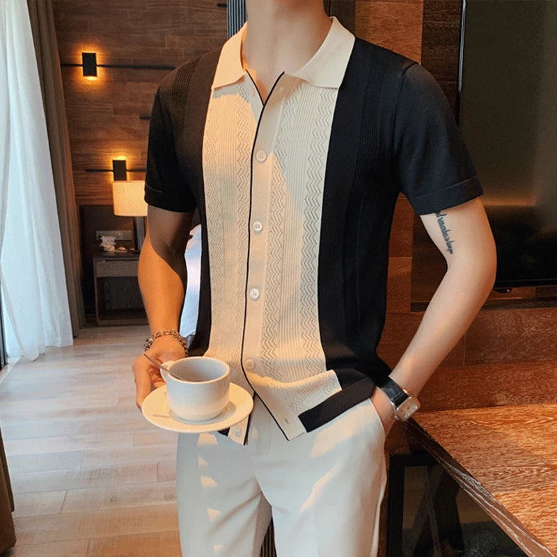 Hearujoy Summer Men's Clothing Light Luxury Knit Polo Shirt Korean Patchwork Short Sleeve Button-down Retro Fashion Leisure Knitwear