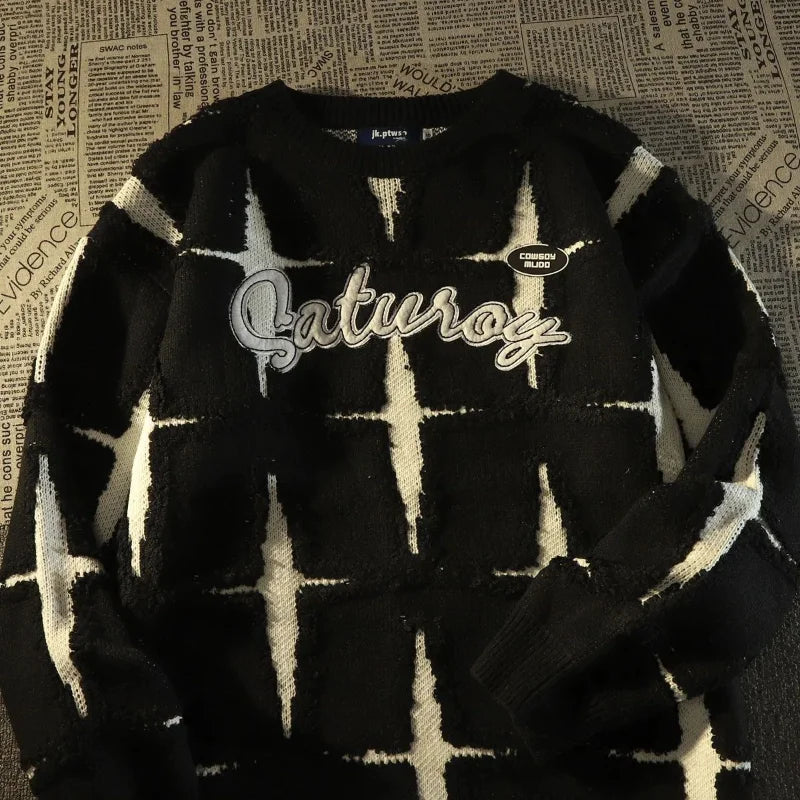 HEARUJOY  -  American Retro High Street Star Sweater Men's Spring Autumn Loose Lazy Style Oversize Japanese Knitted Jacket