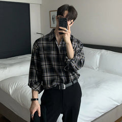 HEARUJOY  -  Spring Cotton Long Sleeve Shirt Men Fashion Retro Khaki Black Plaid Shirts Mens Korean Loose Oversized Casual Shirt Men M-2XL