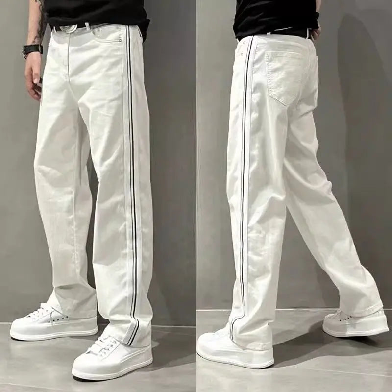 HEARUJOY  -  Autumn New Style Jeans Men's Trendy Loose Side Strip Webbing Straight Pants for Youth Versatile Washing Wide-leg