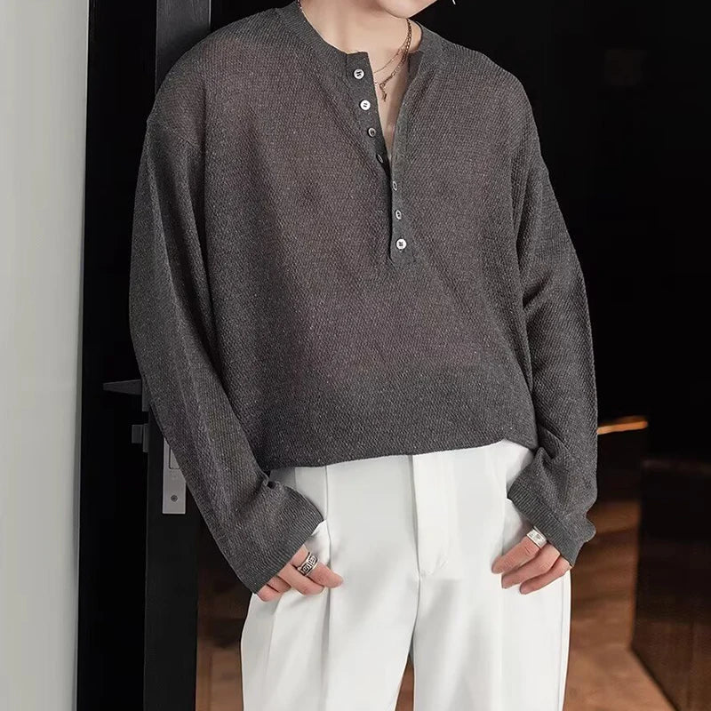 HEARUJOY  -  Stylish Knitted Henley T Shirts Mens Trendy Long Sleeve Button Hollow Out Knit T-shirt Spring Autumn Casual Men's Knitting Tops