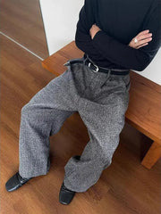 HEARUJOY  -  Men's Casual Pants Sword Way ey And Bla Plaid Loose Wide Leg Floor Length Spring Autumn High Waist Zipper Fly Straight Tube