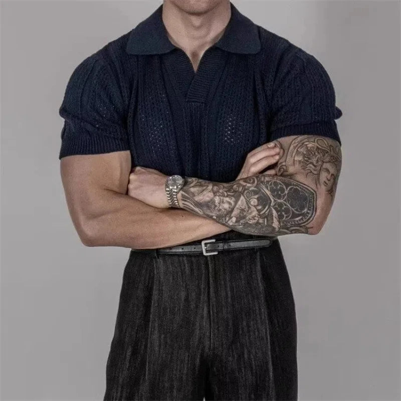 HEARUJOY  -  Hollow Knitted Short-sleeved POLO Shirt T-shirt for Men's Summer Korean Style Top Mesh Texture Design Shirt