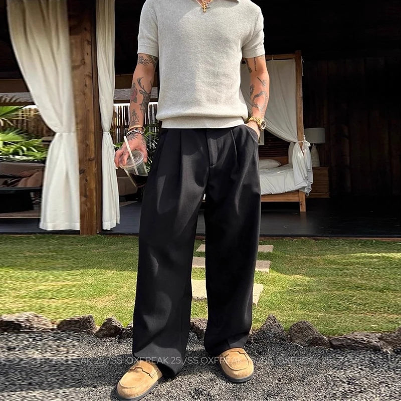 HEARUJOY  -  New Retro Fashion Men Suit Pants Light Luxury Draped Baggy Belt Button-down Solid Color Straight Trousers Elegant Dress Pants