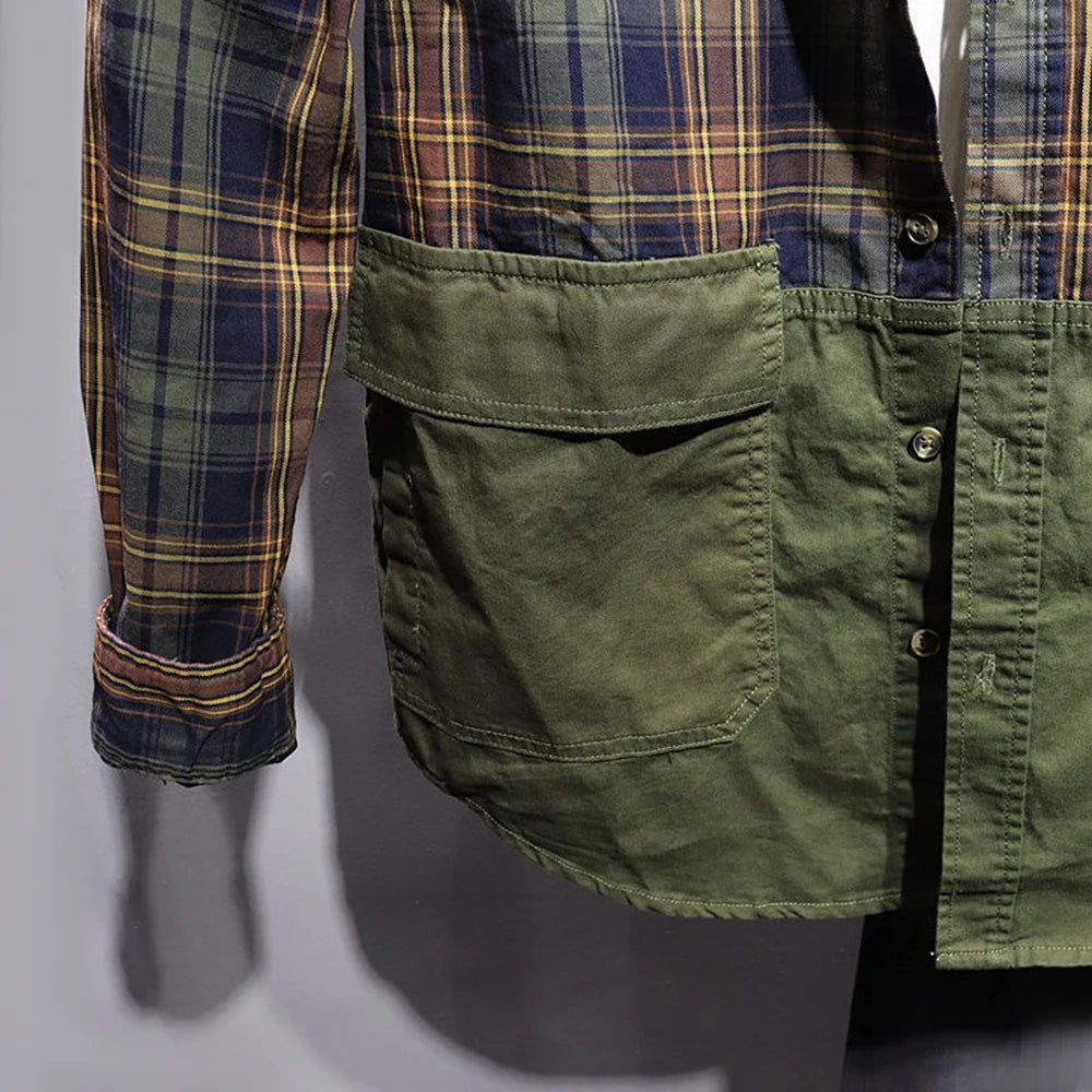 Hearujoy Spring And Summer Casual Shirt For Men Retro Japanese Style Simple Comfortable Spliced Long-Sleeve Loose Plaid Cargo Shirt