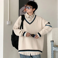 HEARUJOY  -  Autumn Winter New Men's Korean Loose Knitted V-neck Casual Sweater Outdoor Fashion Trend Comfortable Breathable Hoodie