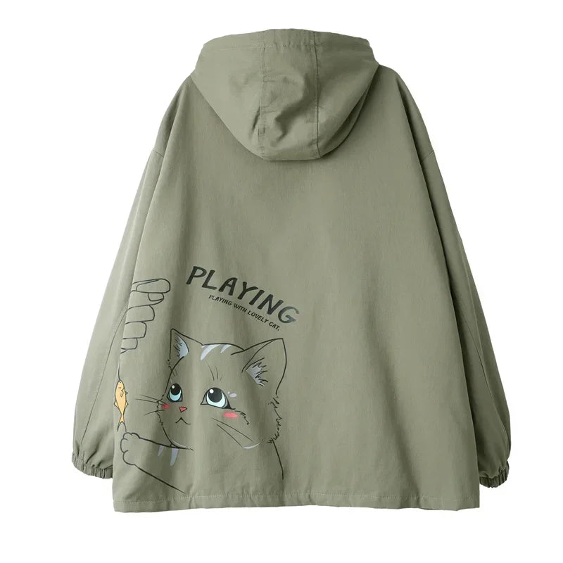 HEARUJOY  -  Men's Oversized Jackets Cotton With Hat Man Cat Print Coat Casual Wear Autumn 5XL Safari Style Jacket For Men Fashion Outerwear