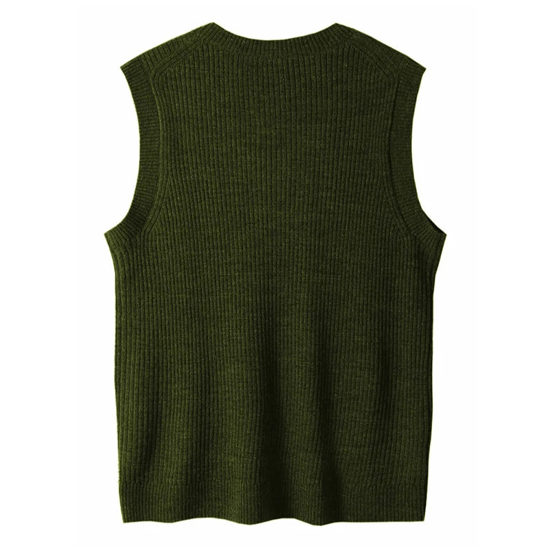 HEARUJOY  -  New Popular Preppy Style Men Sweater Vest Casual Knitted Streetwear Solid Color V Neck Waistcoat Leisure High Quality Knitwear