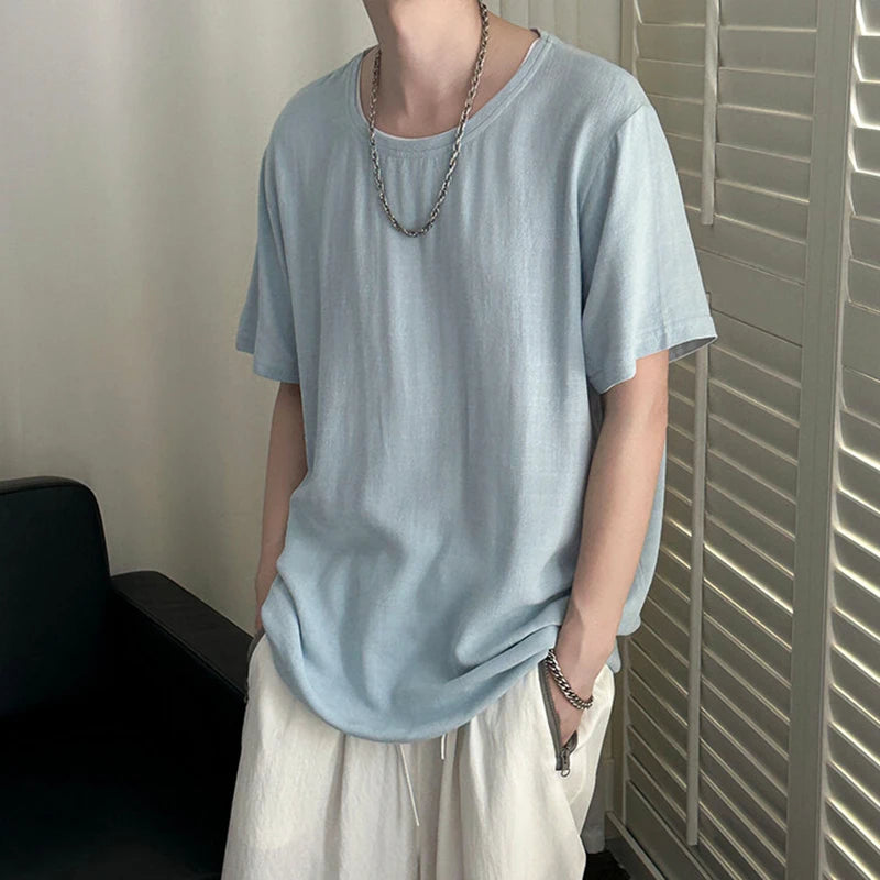 HEARUJOY  -  Korean Style Men's T-shirts Round Collar Short Sleeved Solid Color Mensweae New Summer Pullover Loose Male Tees