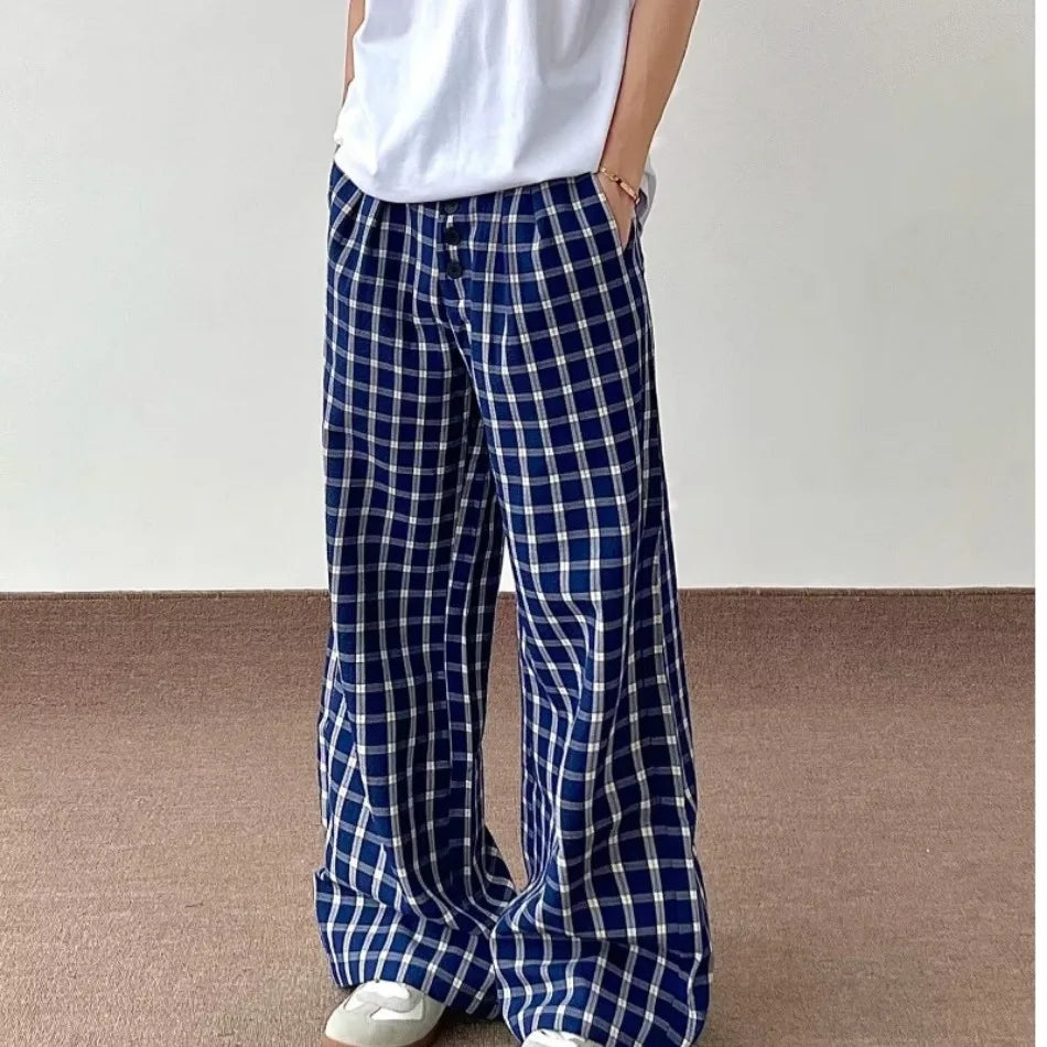 HEARUJOY  -  Blue Checkered Straight Leg Pants Mens Retro Trendy Loose Couple Casual Trousers Multiple Buckles College Pantalones Hombre