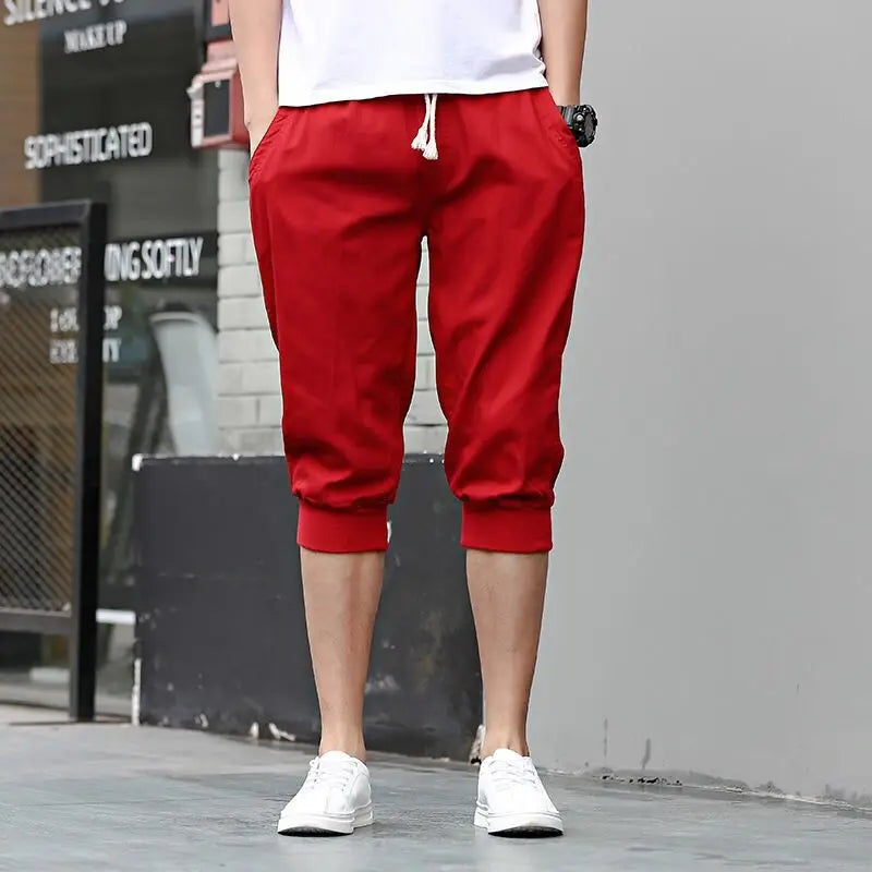 HEARUJOY  -  Summer New Sports Trend Versatile Casual Shorts Men's Solid Elastic Waist Drawstring Pockets Cotton Calf Length Cropped Pants
