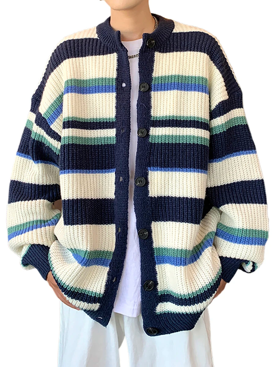 Hearujoy Japanese Vintage Striped Sweater Retro Contrasting Striped Cardigan Sweater Men's Spring Autumn Loose Lazy Style Knitted Jacket