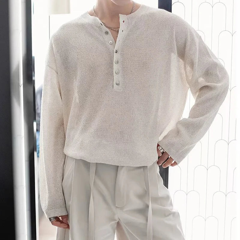 HEARUJOY  -  Stylish Knitted Henley T Shirts Mens Trendy Long Sleeve Button Hollow Out Knit T-shirt Spring Autumn Casual Men's Knitting Tops