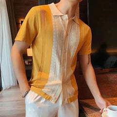 HEARUJOY  -  Clothing Contrast Color Loose Fit Tops Slight Stretch Vacation Clothing Casual Style Daily Wear Lapel Neckline