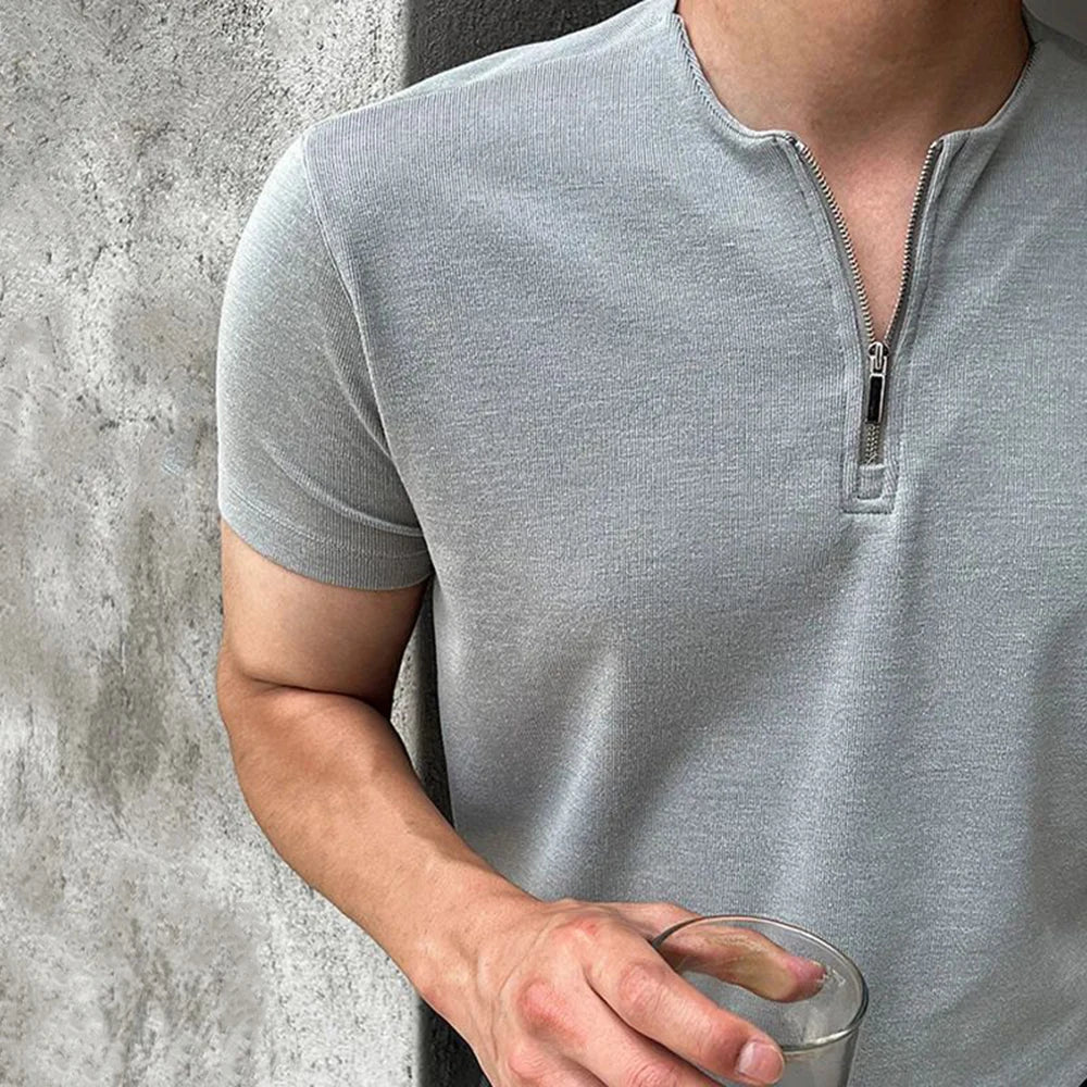 Hearujoy Mens Casual Zipper Short-Sleeved Tops Genderless 2024 Spring New Business Versatile Simple Solid Color Comfortable Tops Unisex