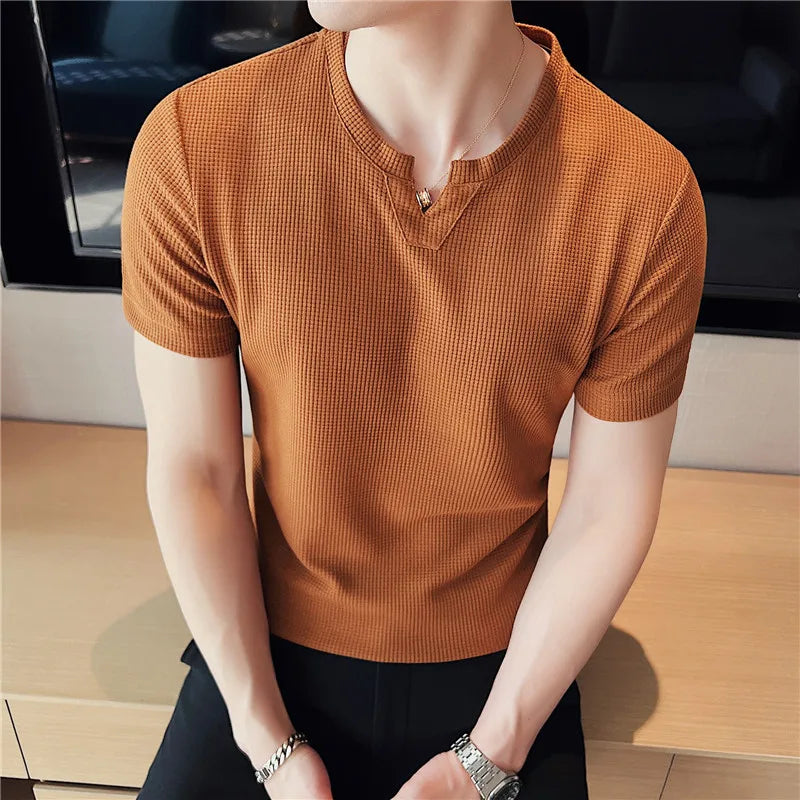 HEARUJOY  -  Men's Waffle Knit T-Shirt Short Sleeve - Premium Breathable Ice Silk Slim Fit Tee, Lightweight Casual Top, Coffee
