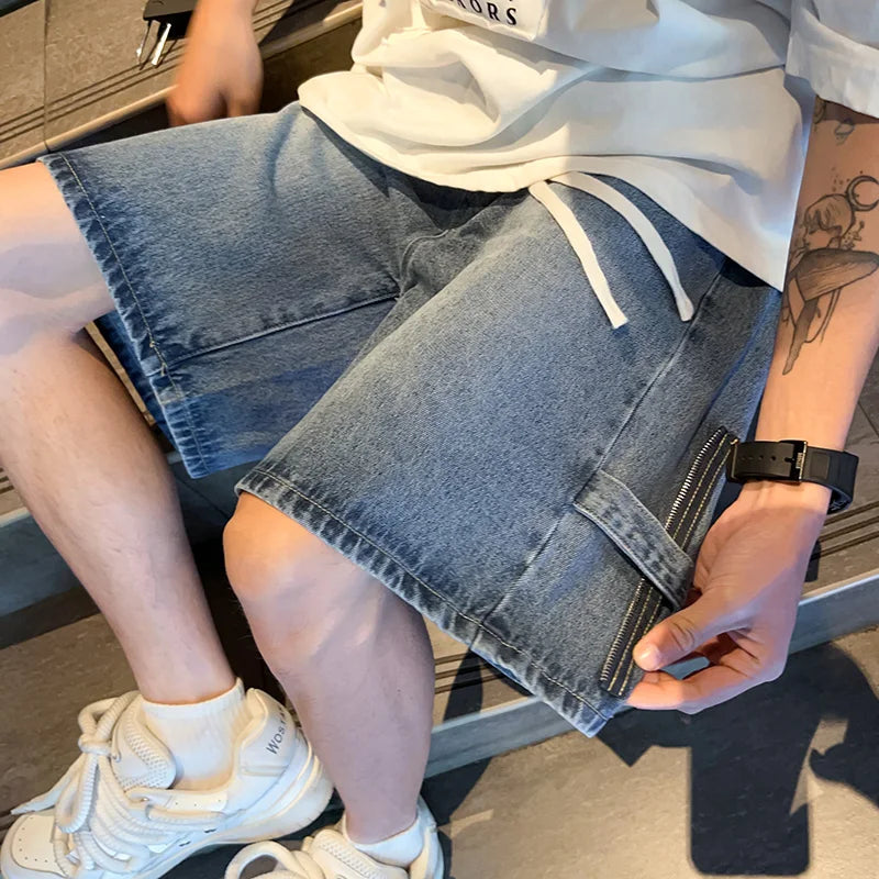 Hearujoy Zipper Patchwork  Jeans Shorts Men Harajuku Streetwear Denim Shorts Hip Hop Summer Casual Loose Straight Shorts Clay Yellow