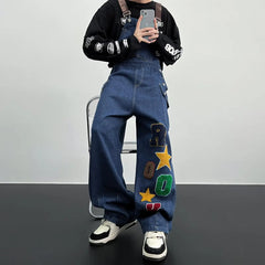 Hearujoy Y2K Cargo Jeans Jumpsuit for Men Streetwear Hip Hop Punk Loose Denim Bodysuits Overalls Male Japanese Print Pocket Pants