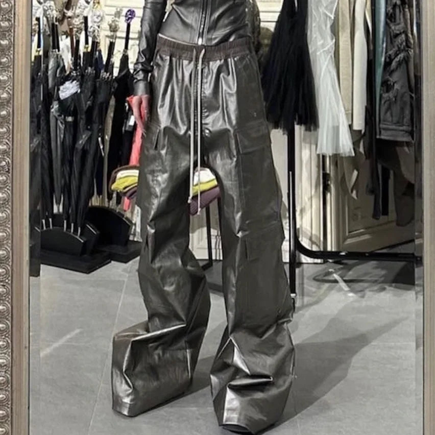 Hearujoy High Street Vintage Matte Coated Cargos  for Men and Women Wide Leg Drawstring Baggy Leather Pants Oversized Cleanfit Trousers