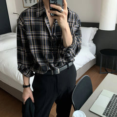 HEARUJOY  -  Spring Cotton Long Sleeve Shirt Men Fashion Retro Khaki Black Plaid Shirts Mens Korean Loose Oversized Casual Shirt Men M-2XL