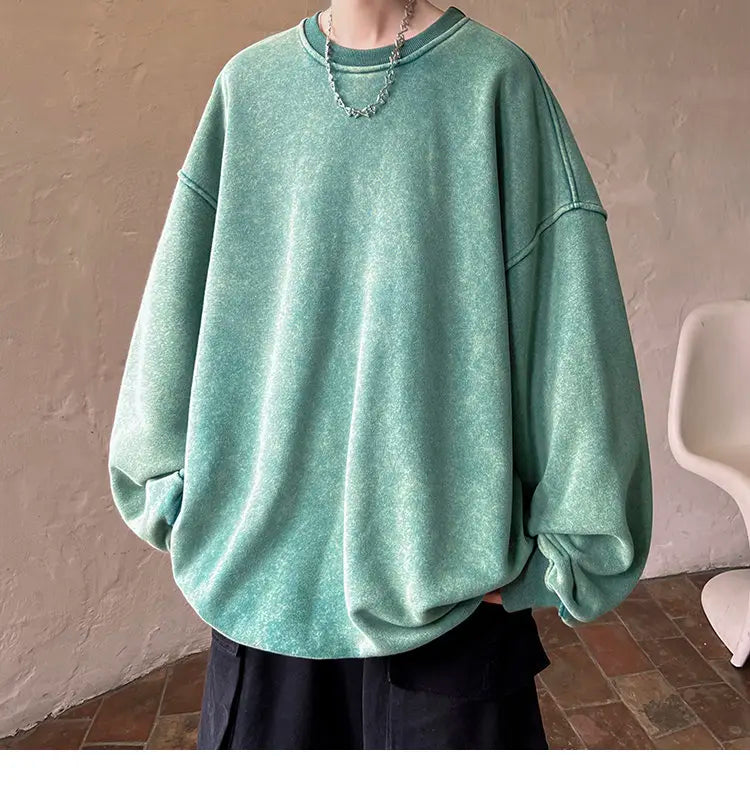 HEARUJOY  -  American Washed Old Pullovers Sweatshirts Men Loose Solid Color 2025 Autumn Large Size Warm O Neck Tops Hip Hop Y2k Sweatshirt